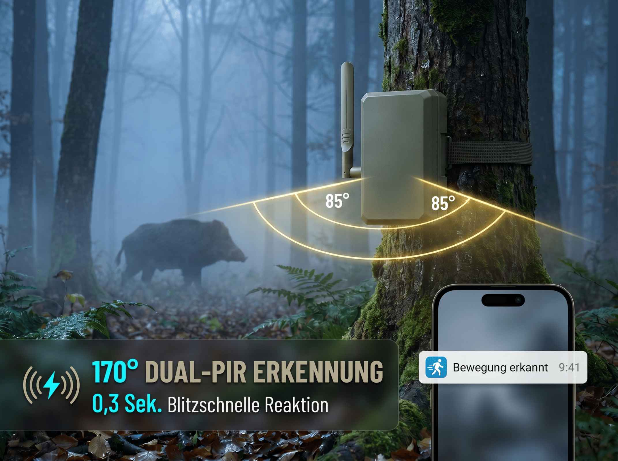 Wildkamera im Wald entdeckt Wildschwein. Bewegungserkennung mit 170° Erfassung.