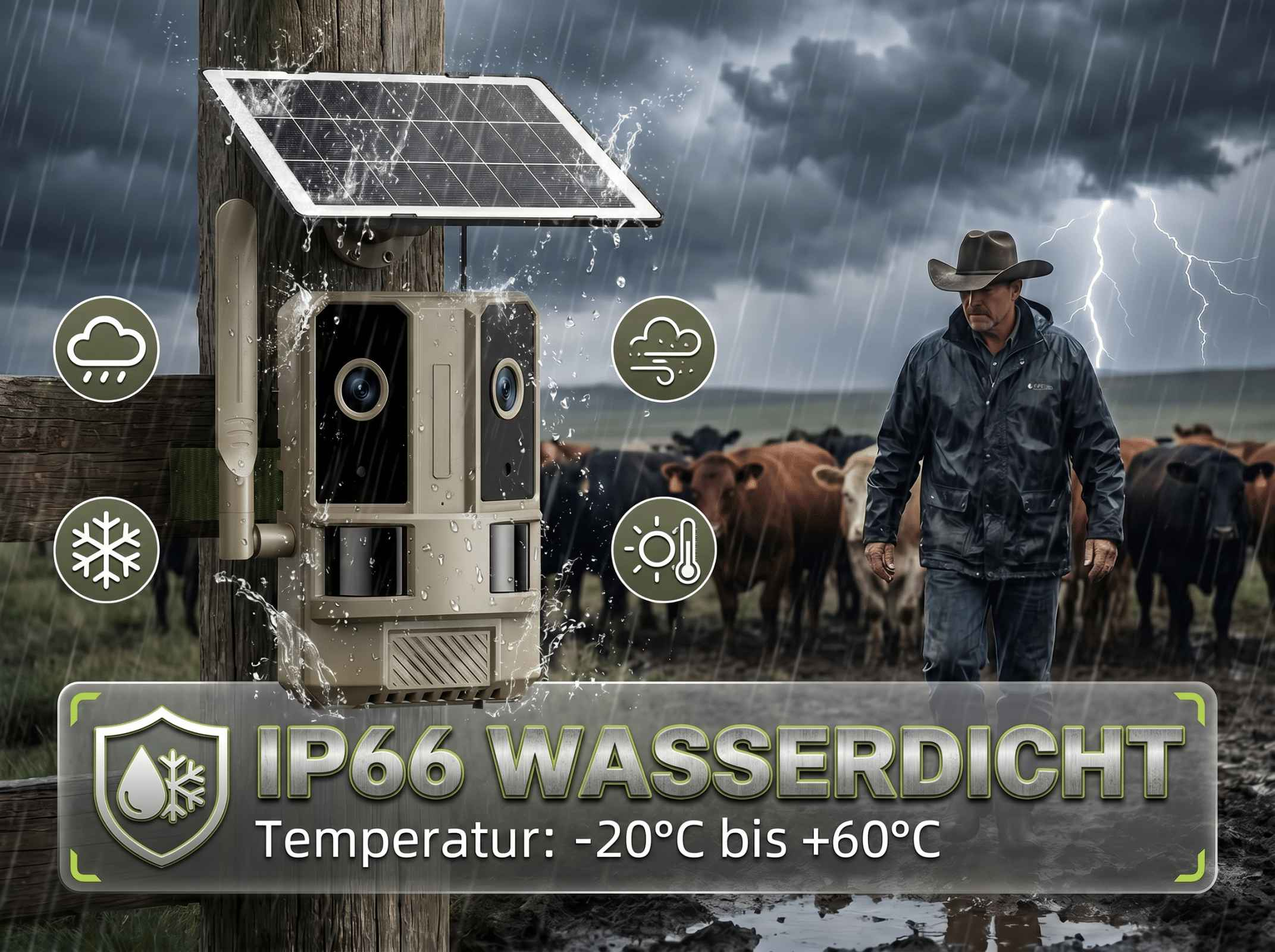 Wildkamera mit Solarpanel bei Regen, Mann mit Kühen im Hintergrund.