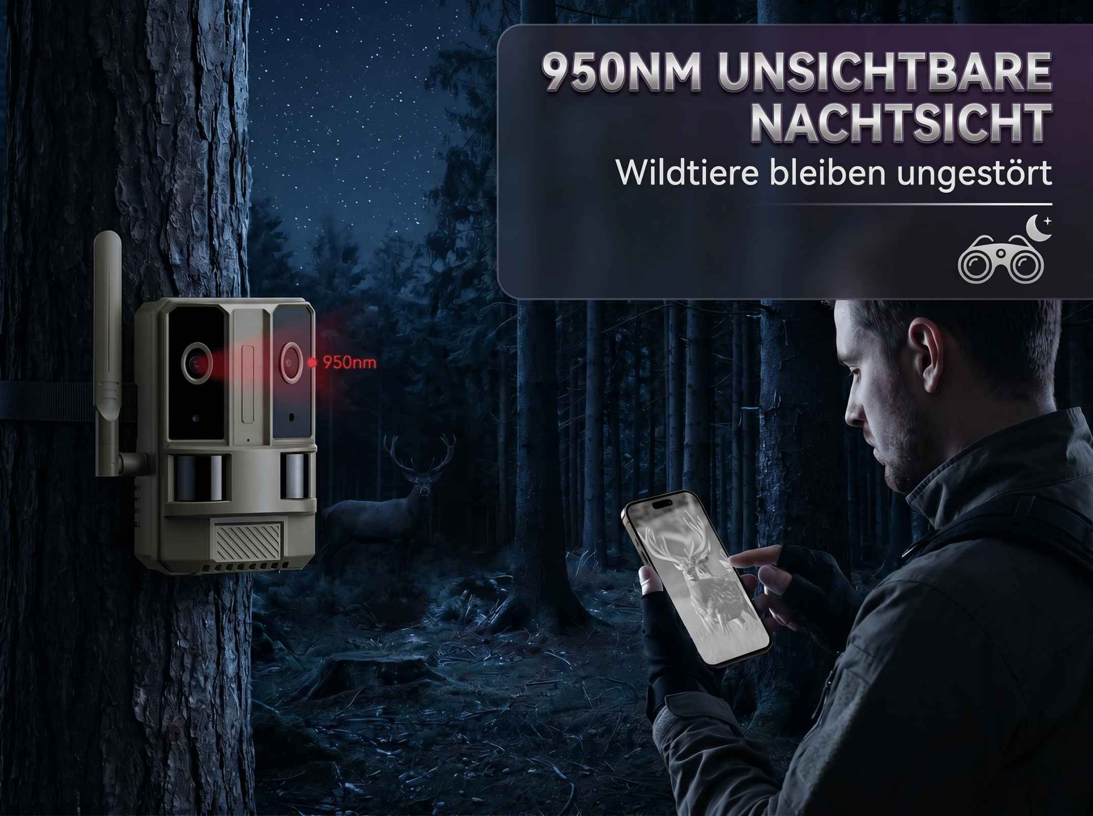 Wildkamera an Baum, Mann mit Handy im Wald bei Nacht, Hirsch im Hintergrund.