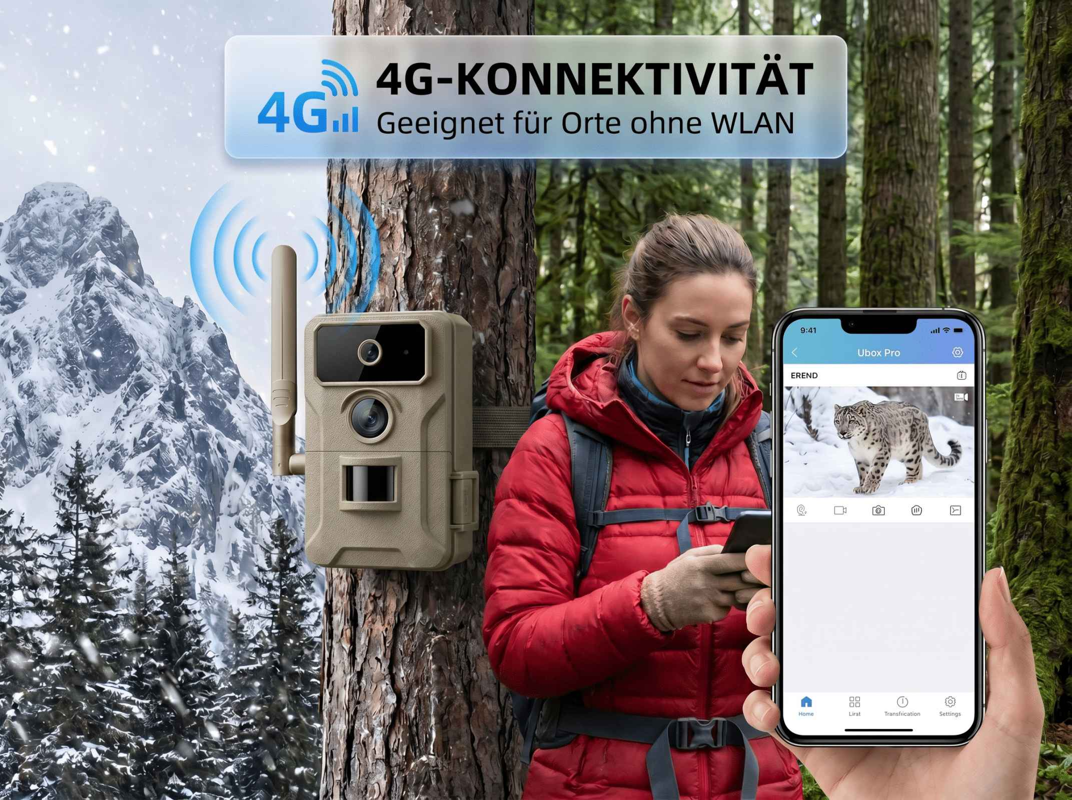 Eine Frau im roten Anorak prüft ihr Handy mit einer Schneeleoparden-Aufnahme.