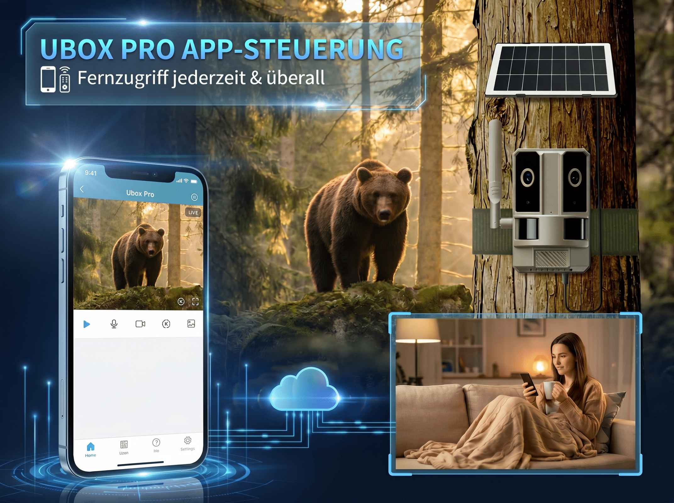 Wildkamera mit Solarpanel an Baum, zeigt Bär; daneben Handy-App-Ansicht.