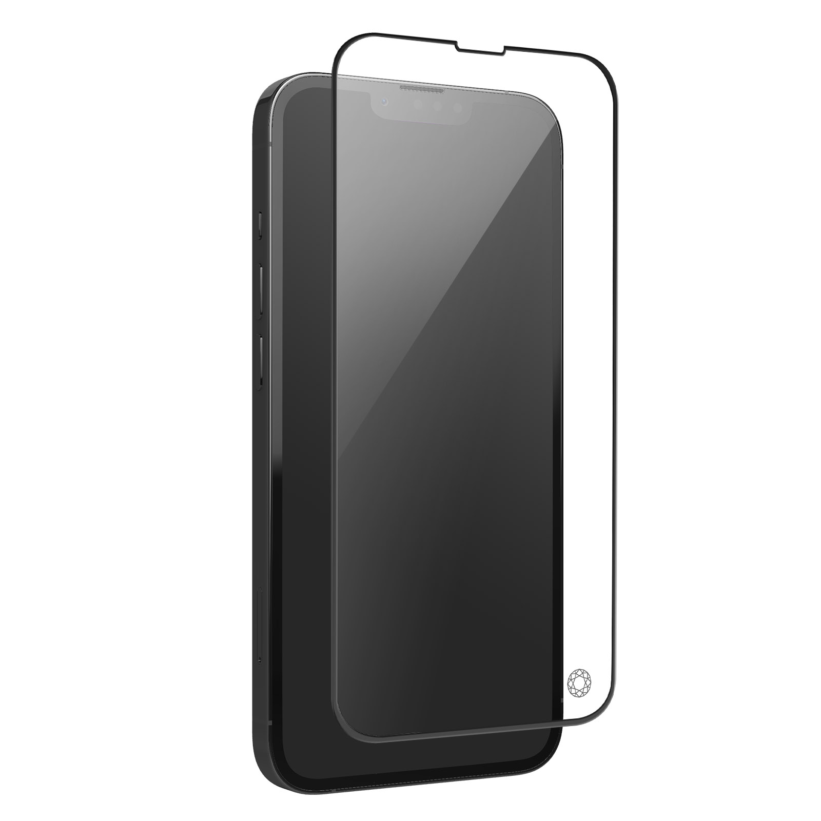 Un smartphone noir avec un protecteur d'écran transparent appliqué sur l'écran.