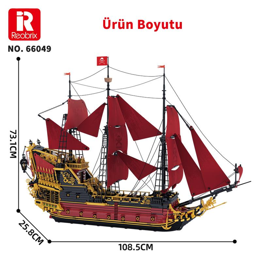 Kırmızı yelkenli ve altın süslemeli detaylı bir korsan gemisi modeli.