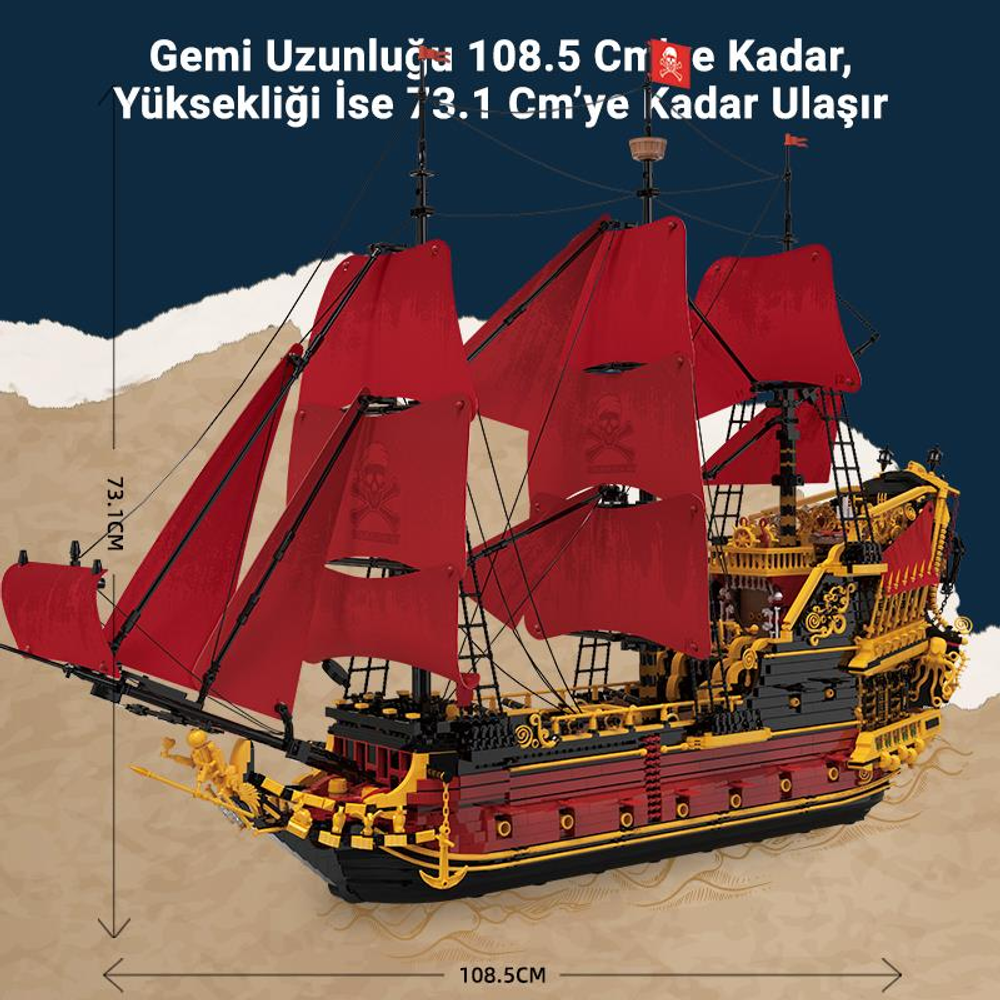 Kırmızı yelkenleri ve kurukafa sembolleri olan detaylı model gemi.