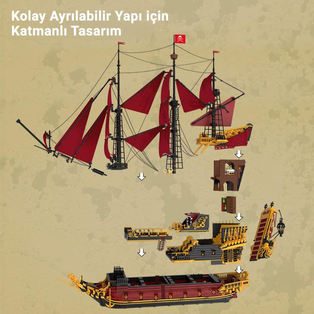 Kırmızı yelkenleri ve altın süslemeleri olan demonte korsan gemisi modeli.