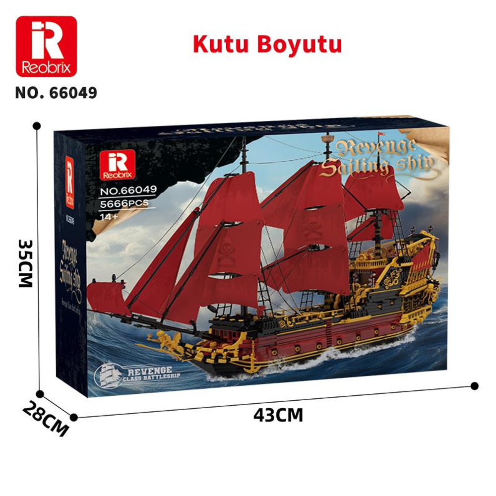Kutu tasarımı, mavi denizde kırmızı yelkenli Reobrix Revenge Yelkenli Gemi modelini gösteriyor.