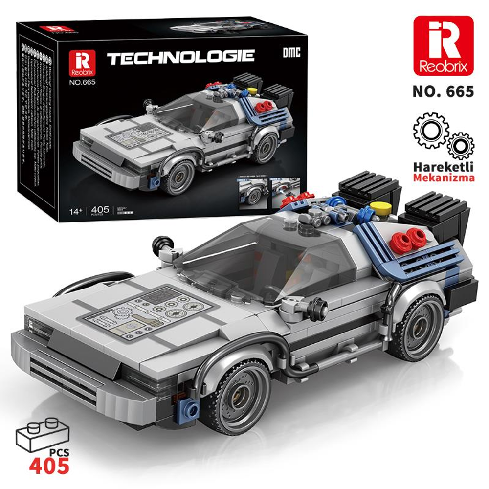 Mavi ve kırmızı detaylara sahip gri DeLorean oyuncak araba, yapı taşlarından yapılmış.