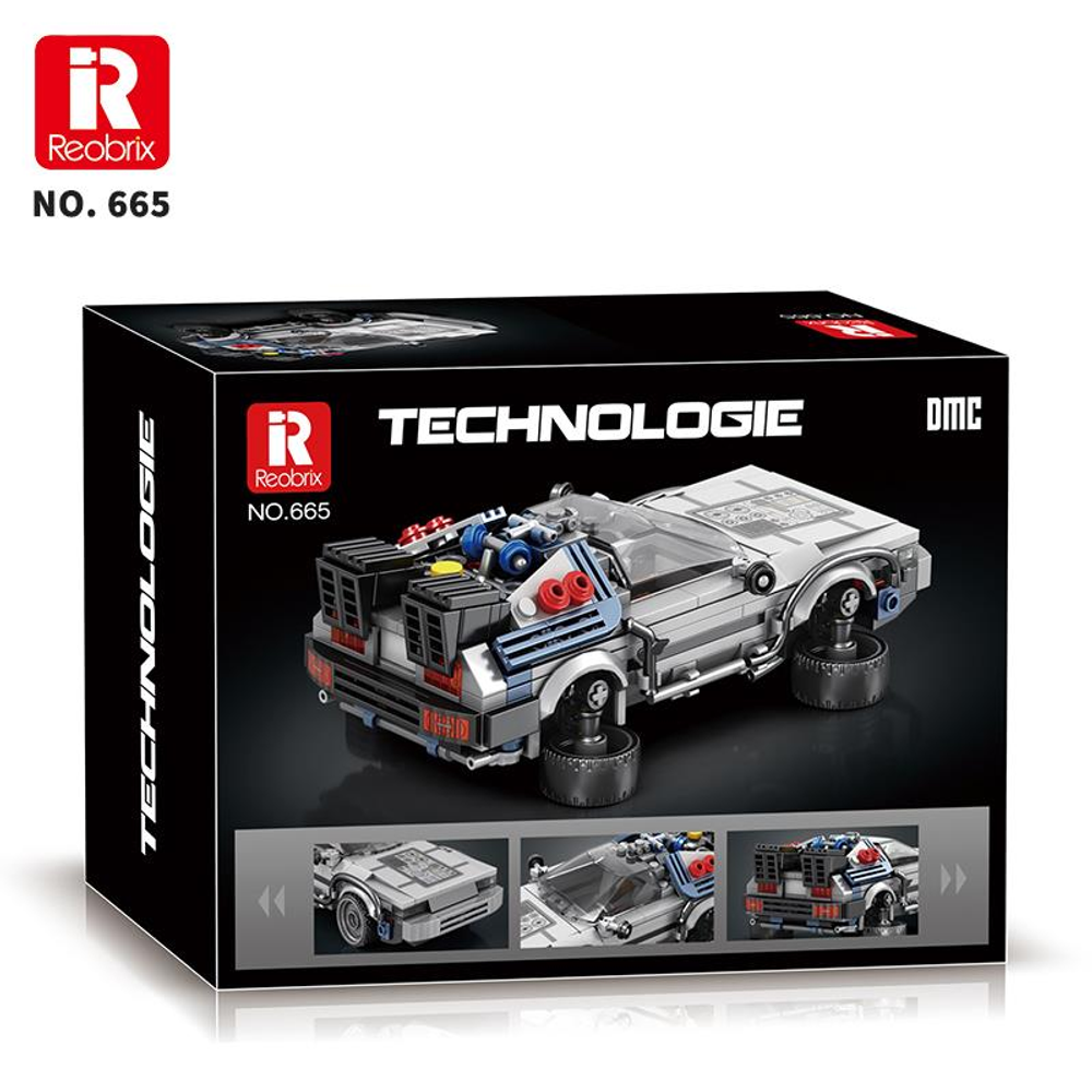 Reobrix DeLorean yapım kiti ambalajı model araba ile.