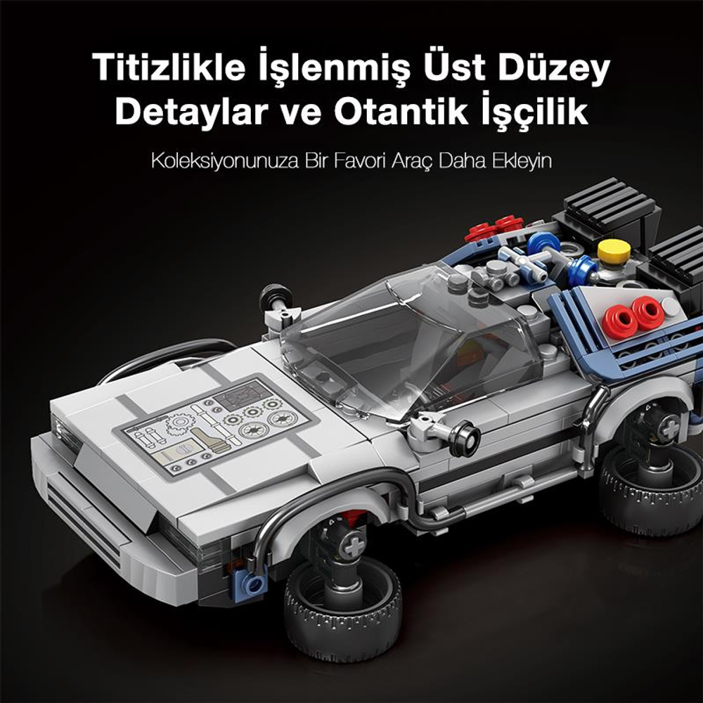 Şeffaf tavanlı beyaz Lego tuğlalı DeLorean oyuncak araba.
