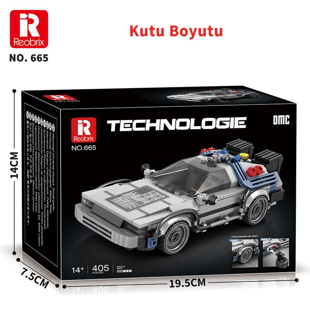 Uyarı etiketleri ve boyutları olan bir DeLorean yapım kiti kutusu.