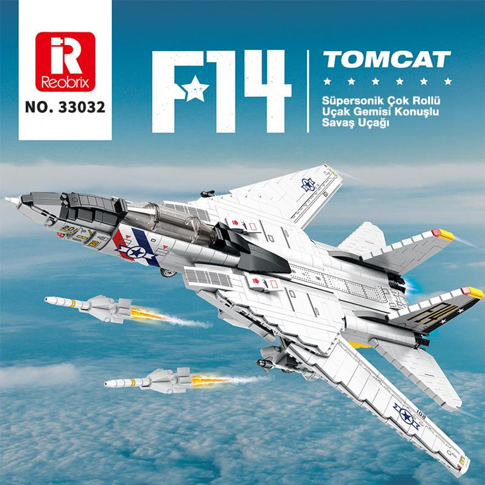 Füzelere sahip beyaz bir F-14 Tomcat oyuncak jeti bulutların üzerinde uçar.