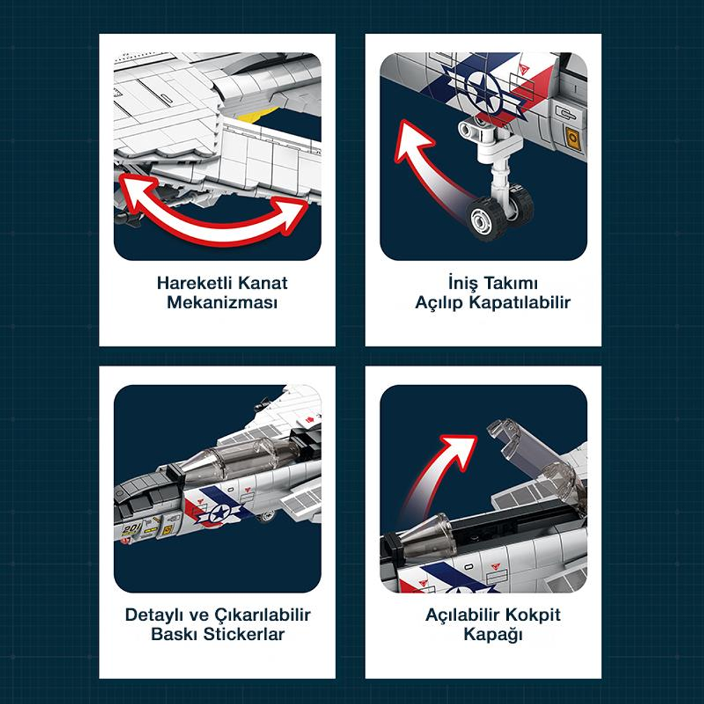 Hareketli kanatlı, açılıp kapanabilen iniş takımlı, stickerlı, açılabilir kokpitli model uçak.