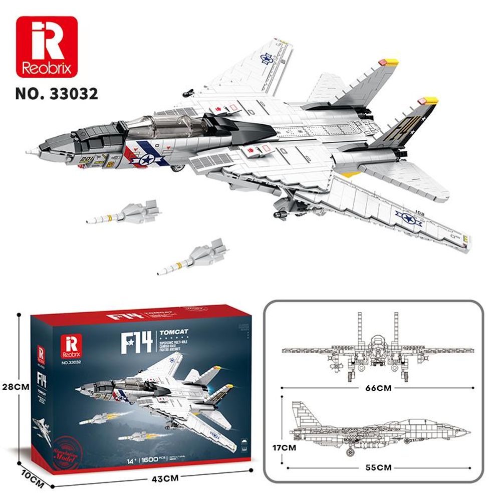 Füzeler ve ambalajı ile beyaz bir F-14 Tomcat model uçak yapım kiti.