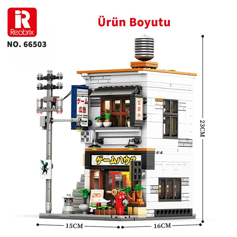 Oyun Evi tabelalı beyaz bina modeli, elektrik direği ve boyutları.