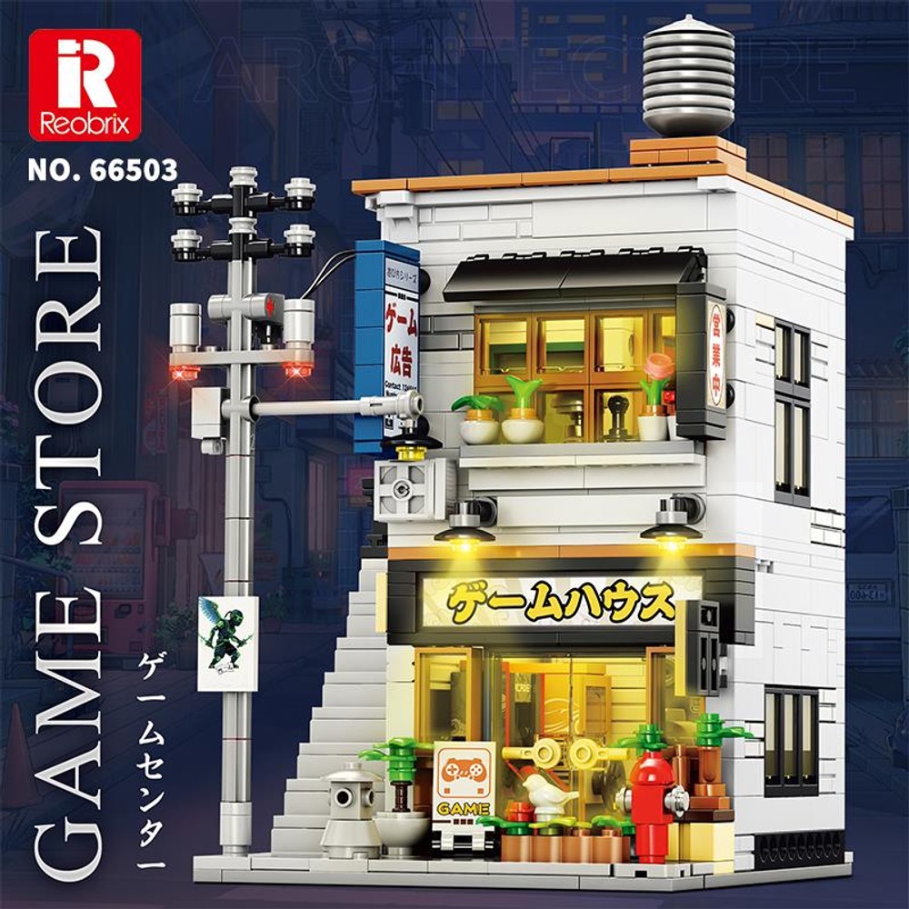 Tabelalar, ışıklar ve parkmetre ile oyun mağazasının ayrıntılı Lego modeli.