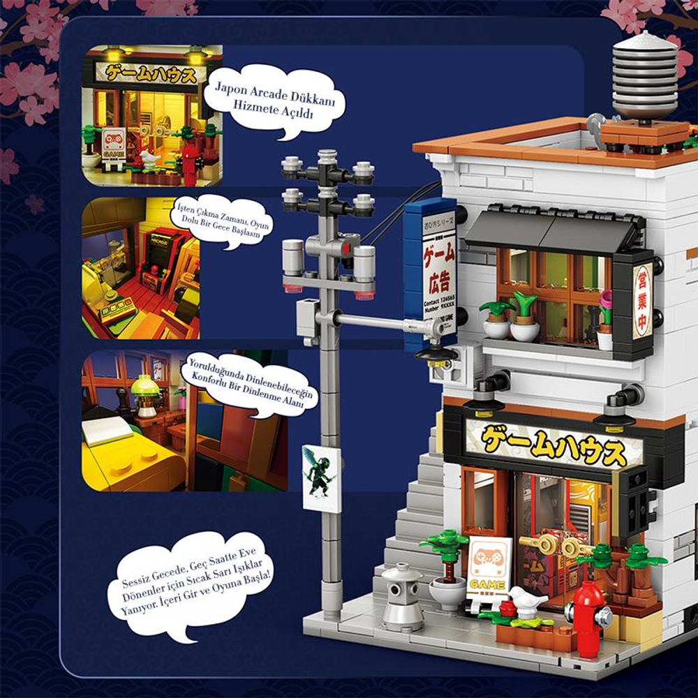 Bir sokak lambası ve üç detay çekimi olan Japon atari salonu binasının Lego modeli.