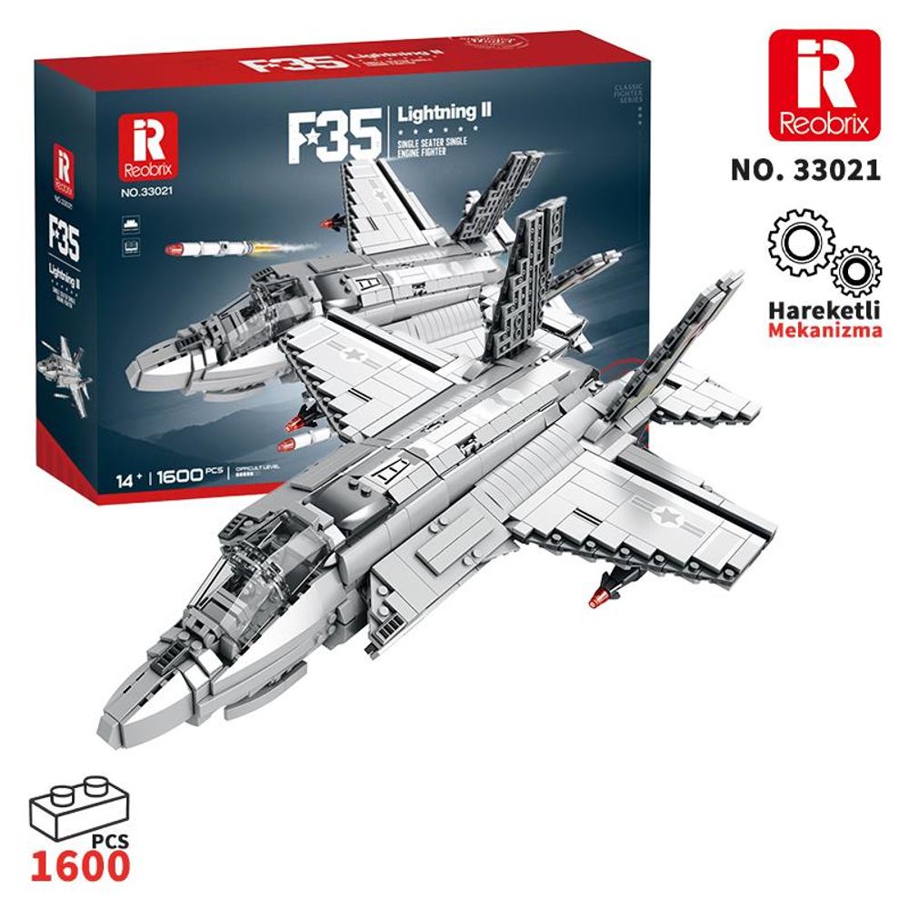 Gri bir Lego F-35 savaş uçağı modeli, kutusu ve 1600 parçasıyla.