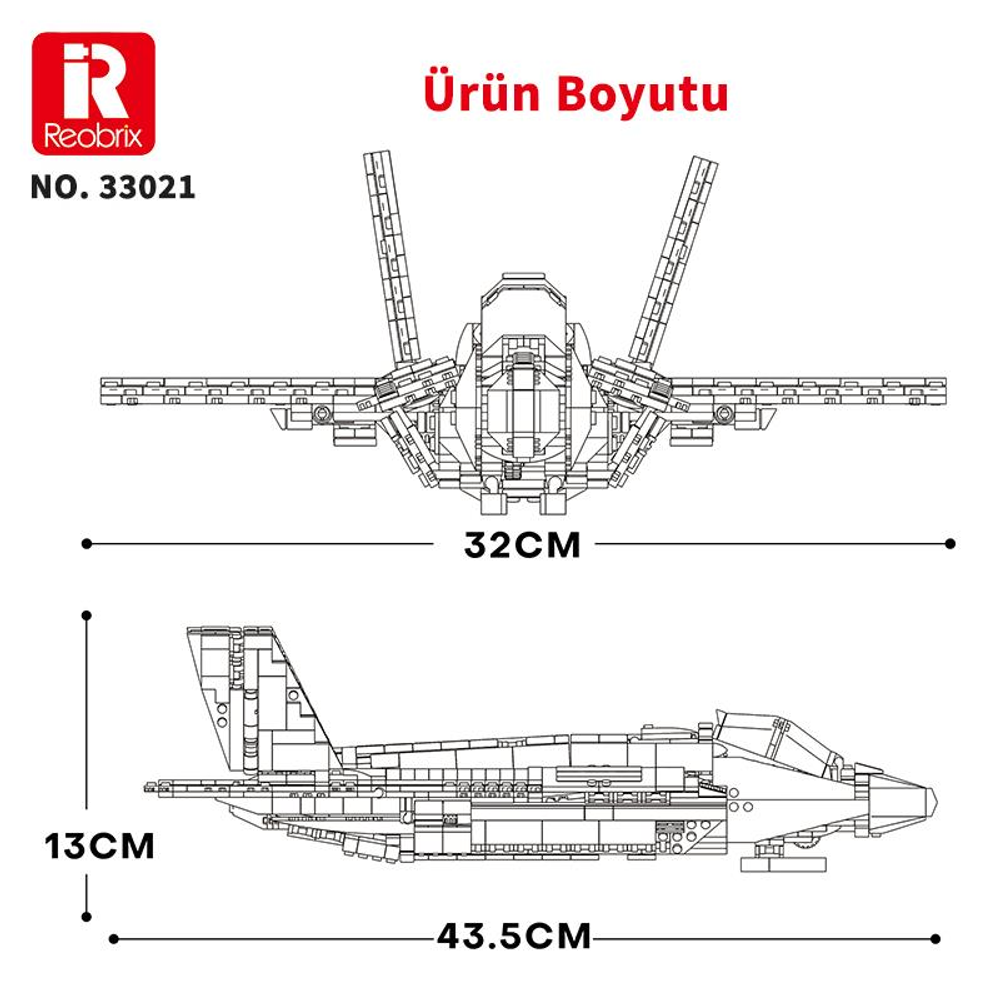 Model uçağın teknik çizimi. Genişlik 32cm, yükseklik 13cm, uzunluk 43,5cm.