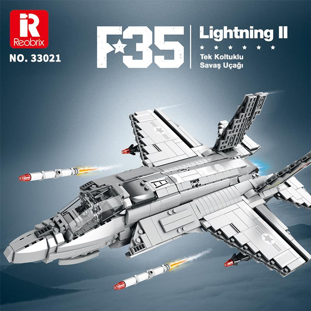 Gri F-35 Lightning II Lego modeli uçan füzelerle.