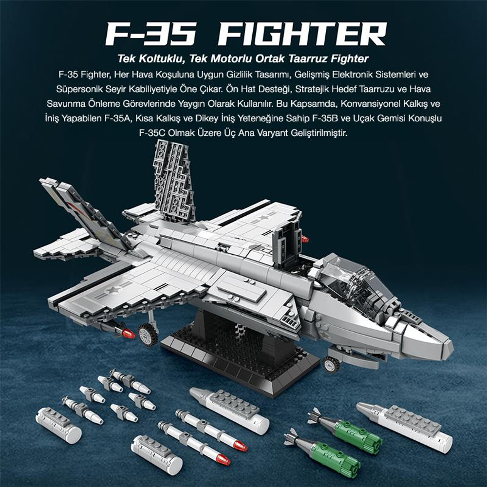 Silahlı ve teçhizatlı gri bir F-35 savaş uçağının Lego modeli.