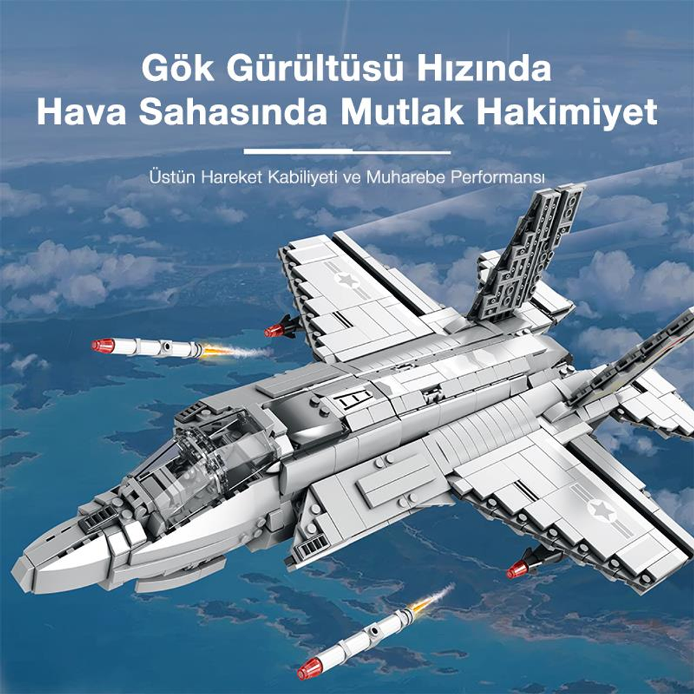 Gri oyuncak jet, füzelerle gökyüzünde uçuyor.