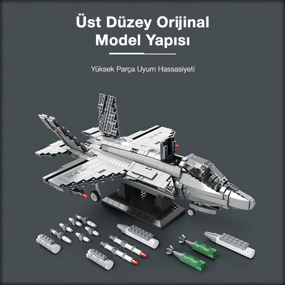 Bir stand üzerinde gri model uçak, yanında çeşitli bombalar ve füzeler.