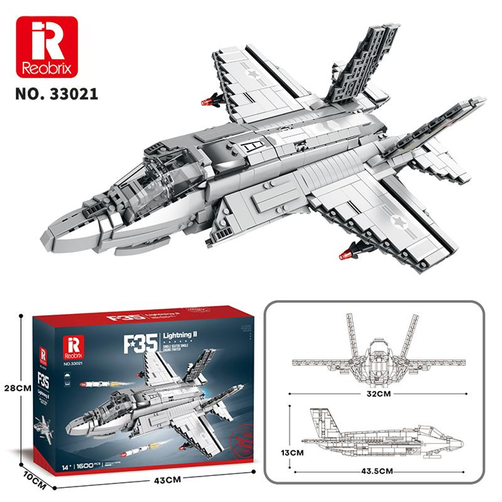 Gri F-35 savaş uçağı modeli, yapım parçalarından, ambalajı ve boyutlarıyla.
