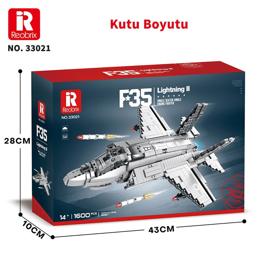 Reobrix F35 Lightning II model kiti kutusu, boyutları gösteriyor.