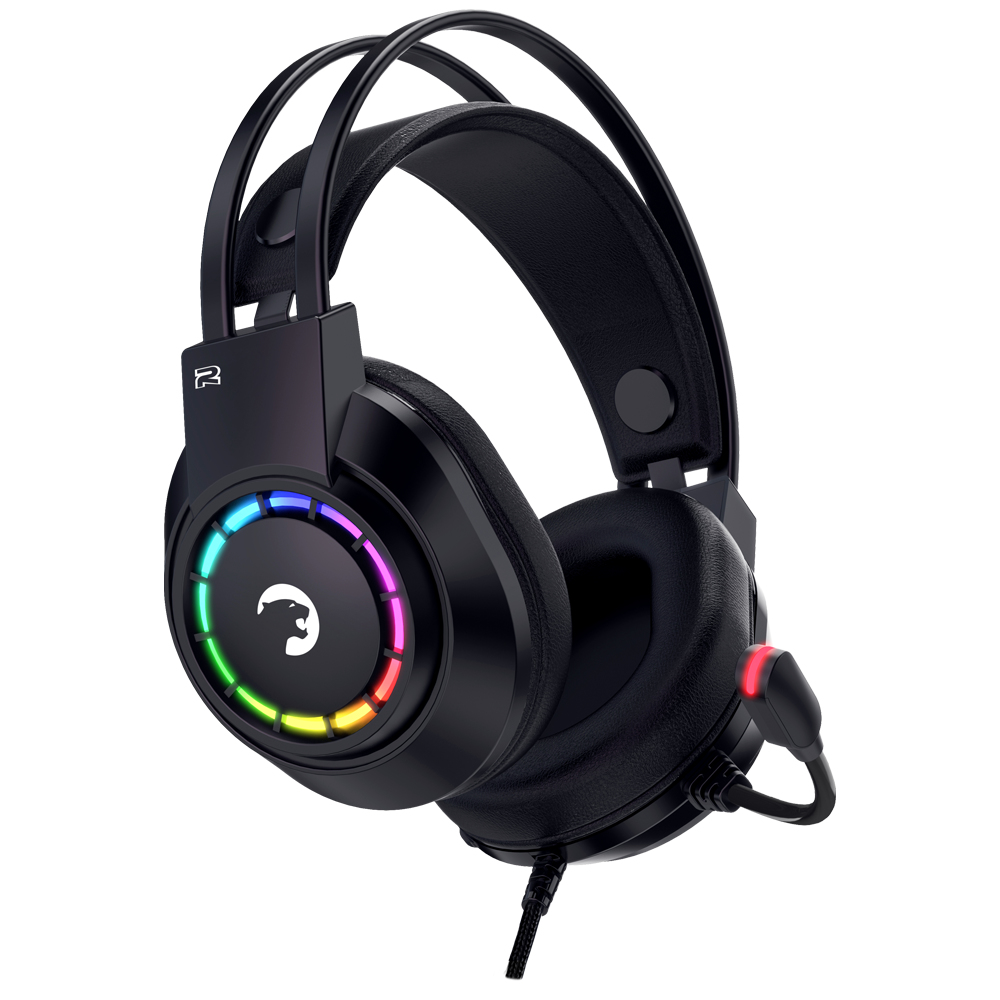 RGB aydınlatmalı ve mikrofonlu siyah oyuncu kulaklığı.