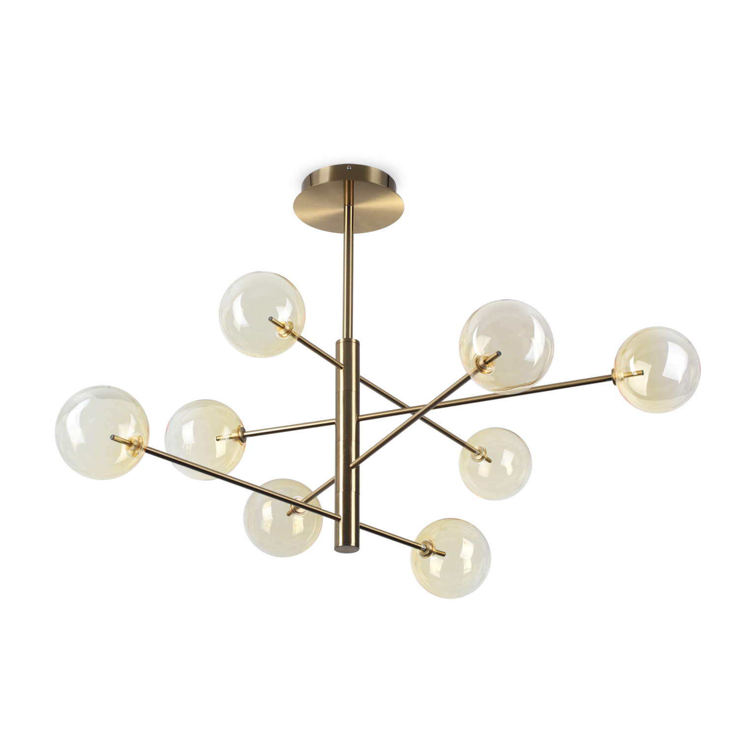 Lampadario moderno dorato con otto globi di vetro su sfondo nero.