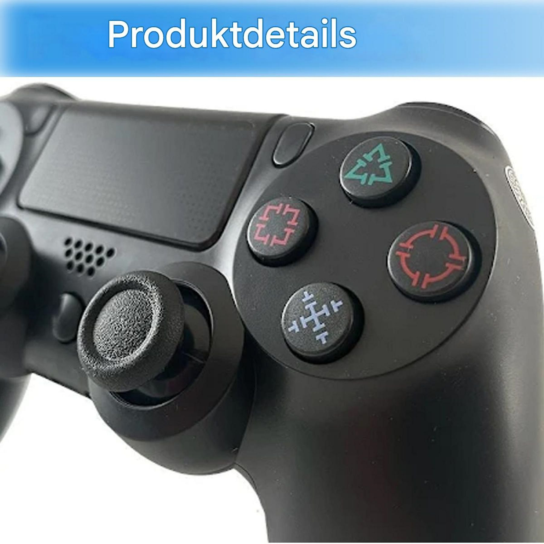Schwarzer Controller mit farbigen Tasten: grün, rot, blau und lila Symbole.