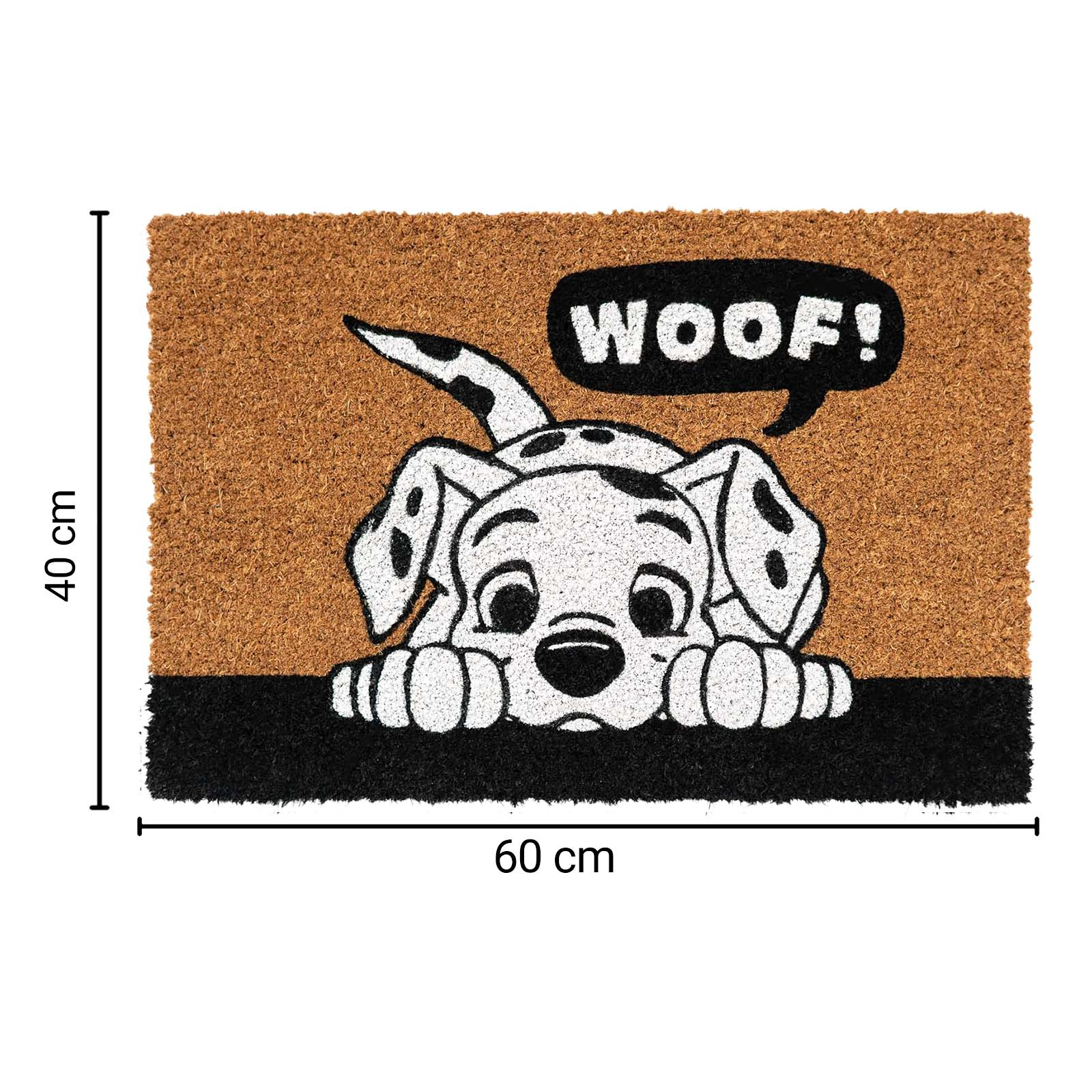 Tappetino con cucciolo dalmata che dice "WOOF!".