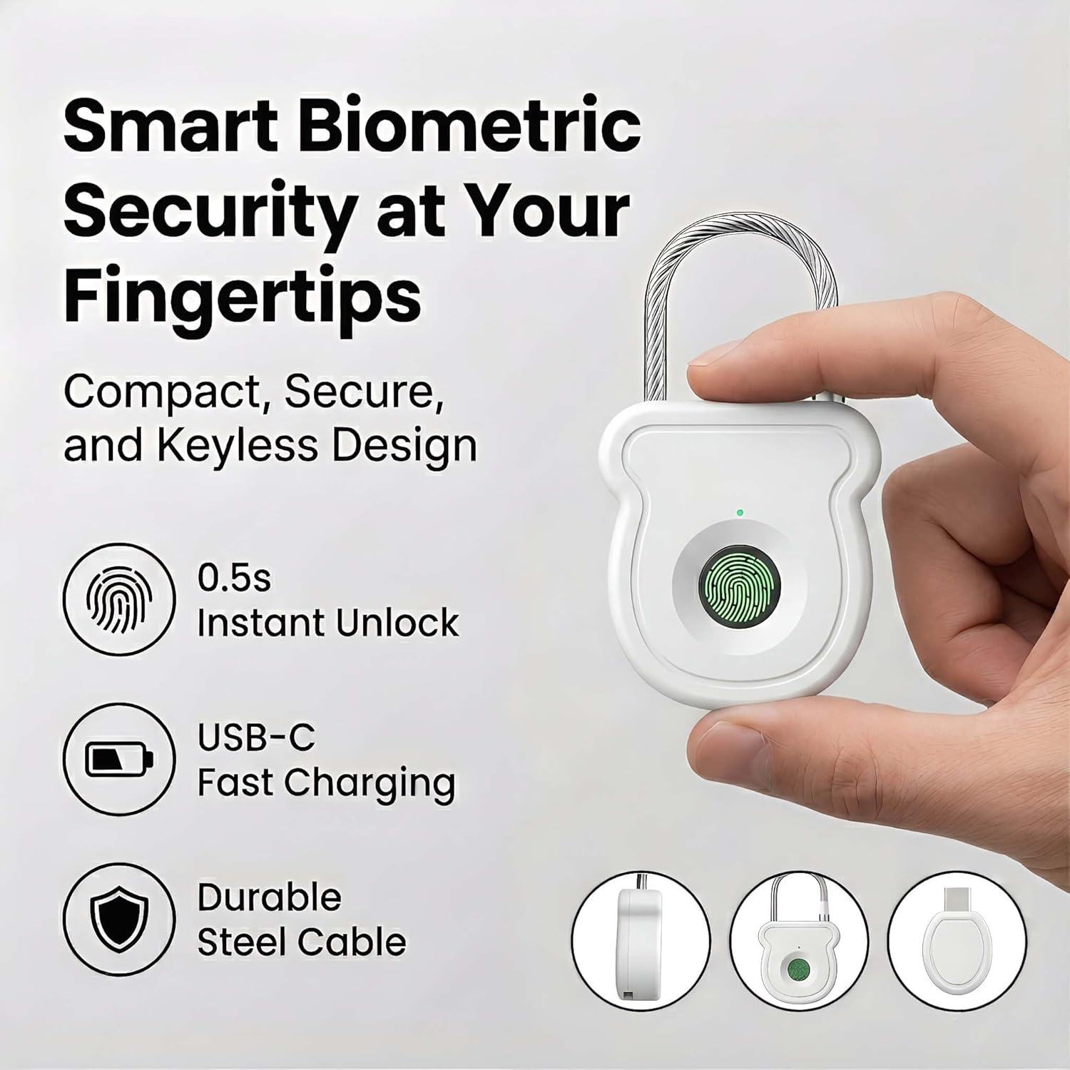 Ein Finger berührt ein weißes Smart-Vorhängeschloss mit grünem Fingerabdruckscanner. Merkmale aufgelistet.