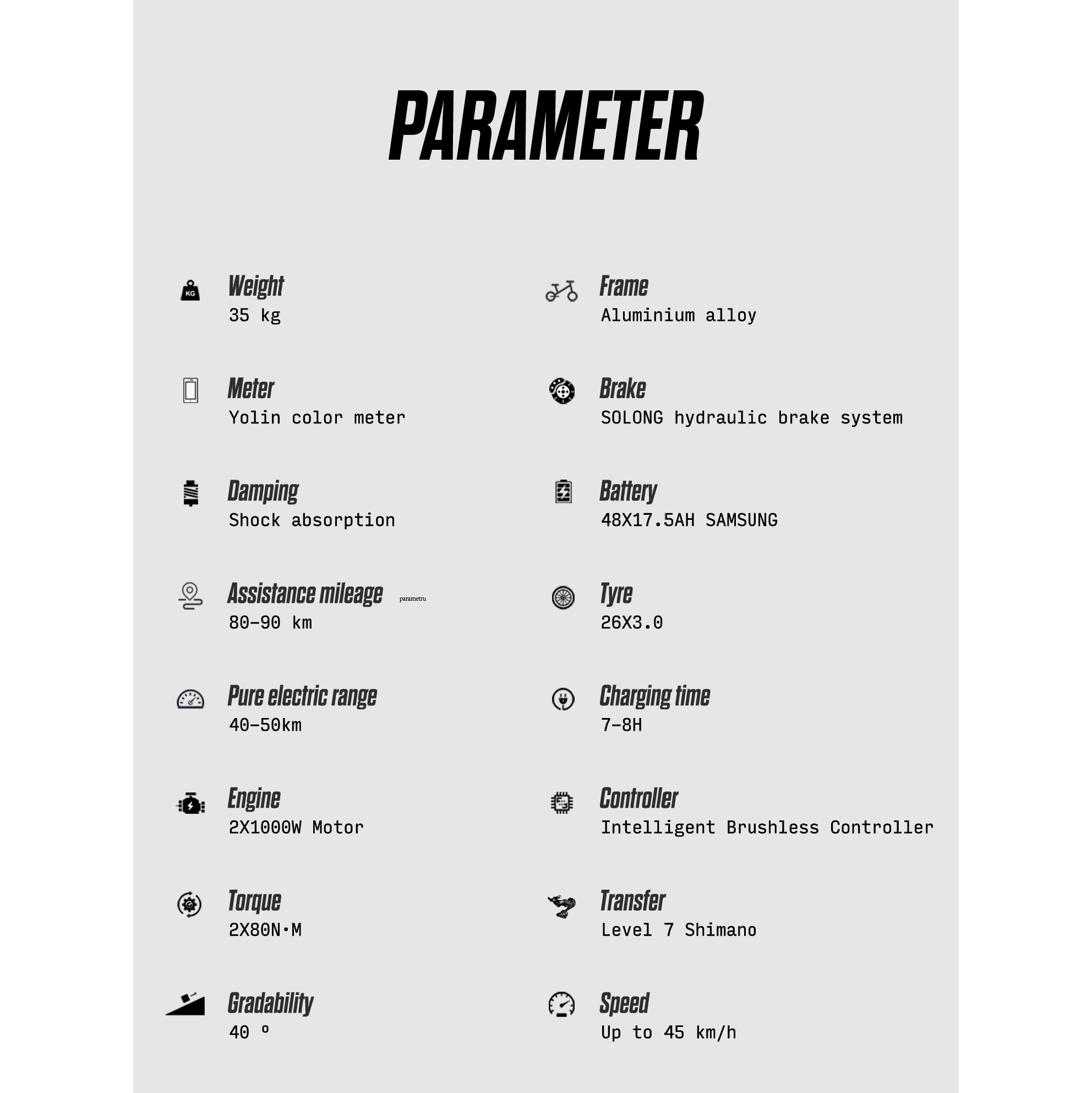 Lista parametrów: Waga, Rama, Licznik, Hamulec, Amortyzacja, Bateria, Zasięg, Opona, Czas ładowania, Silnik, Kontroler, Moment obrotowy, Przeniesienie, Podjazd, Prędkość.