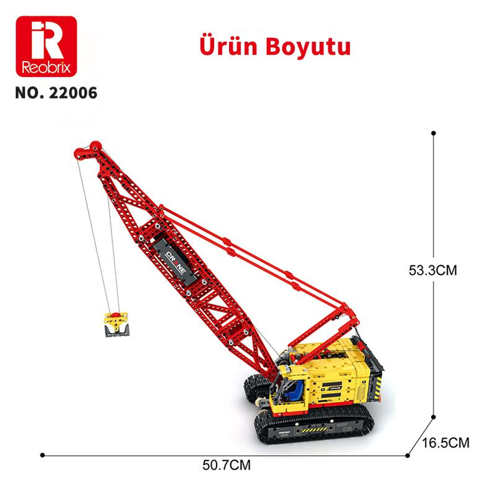 Boyutları belirtilmiş kırmızı paletli vinç yapım oyuncağı: 50,7 cm uzunluk, 53,3 cm yükseklik.