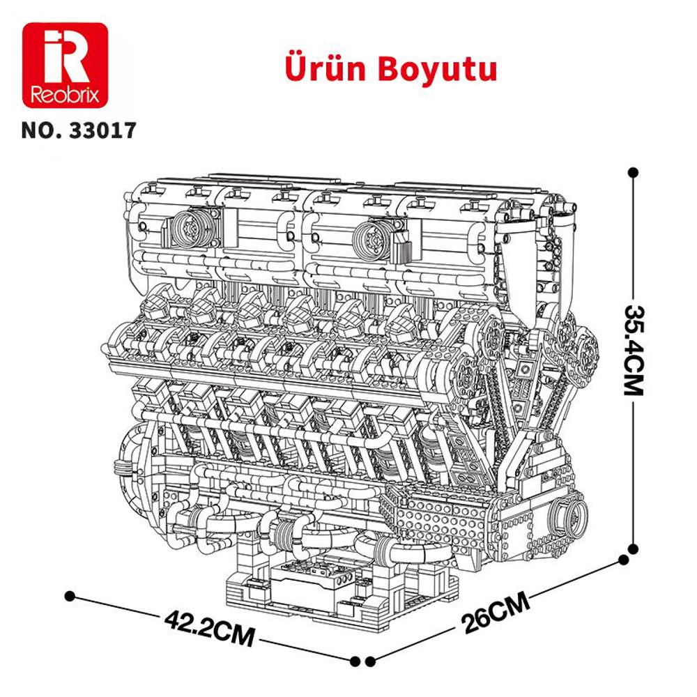 Boyutları gösteren ayrıntılı bir V12 motor modeli.