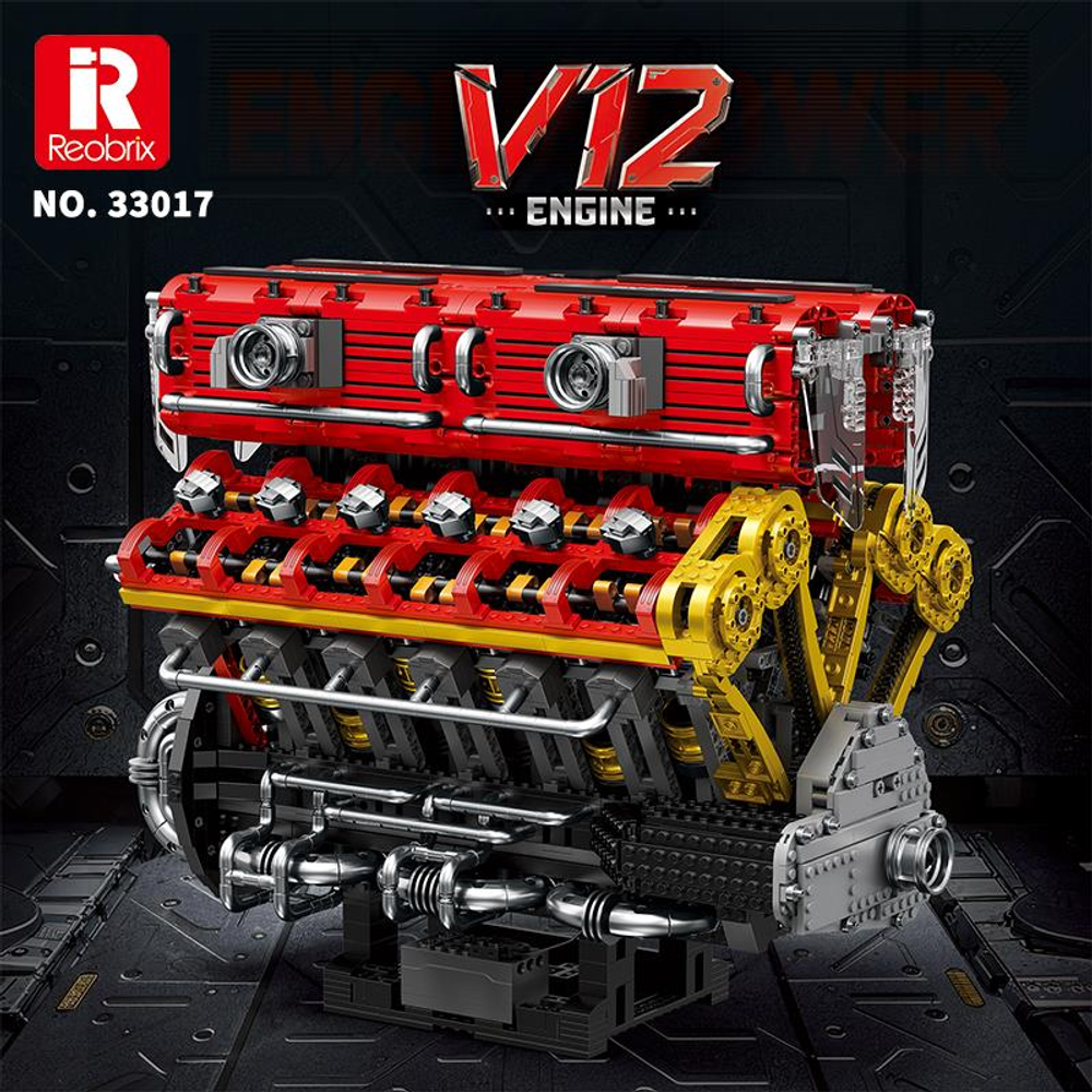 Sarı ve gri vurgulu, kırmızı V12 motorun detaylı modeli.