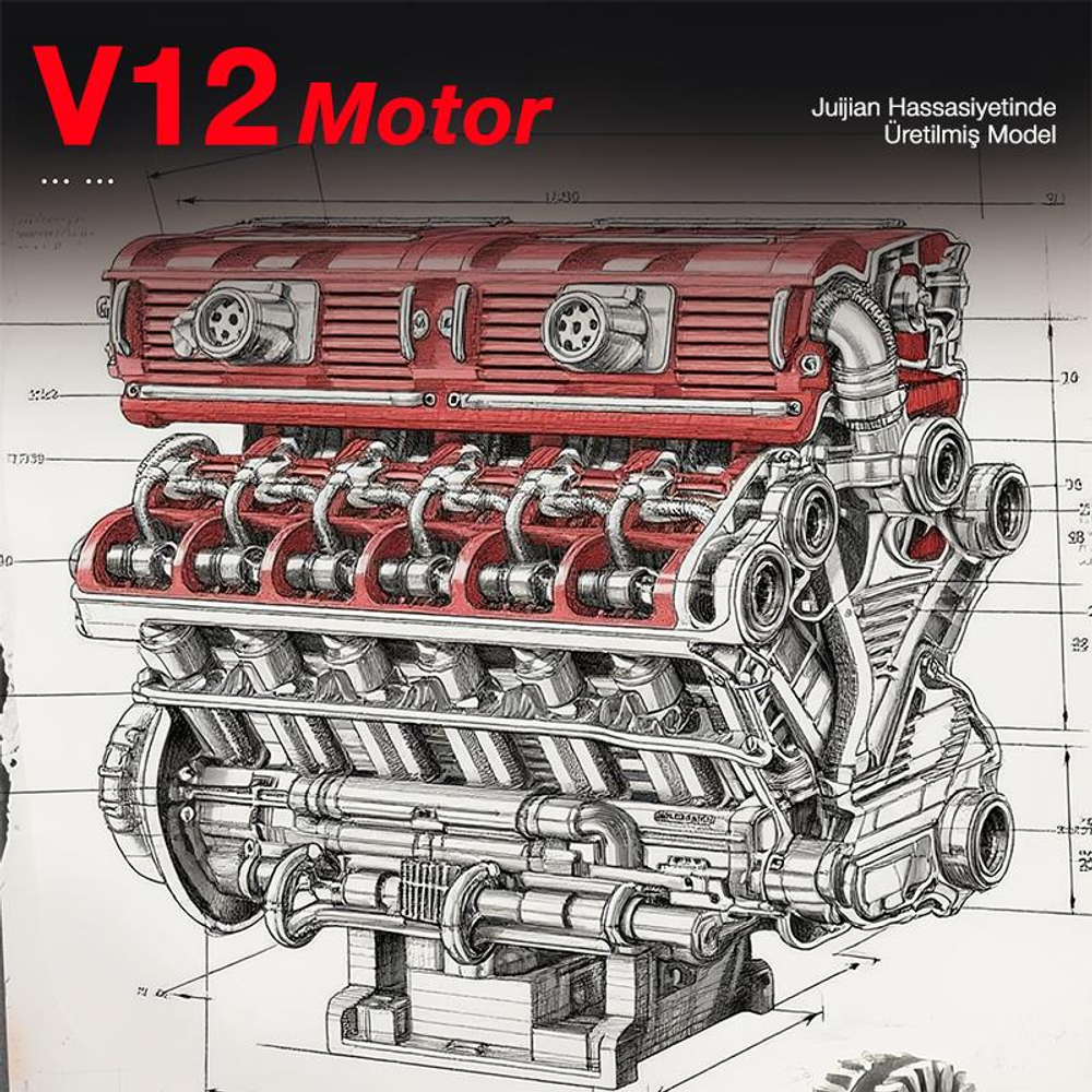 Birçok bileşeni gösteren kırmızı bir V12 motorunun ayrıntılı teknik çizimi.