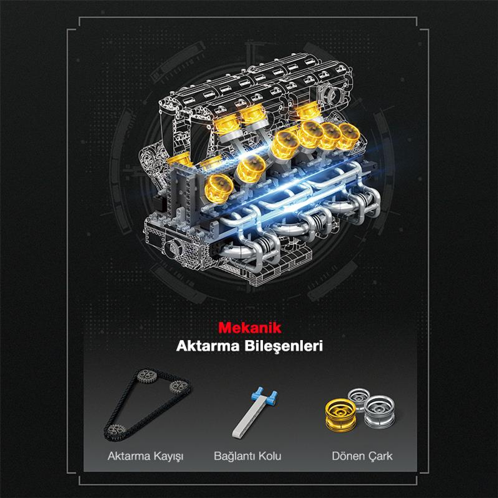 Pistonlu, egzoz borulu ve triger kayışlı detaylı V8 motor modeli.