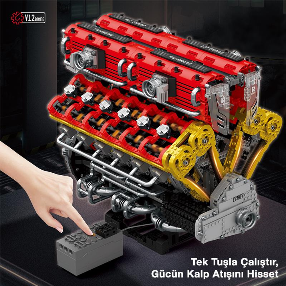 Kırmızı ve sarı yapı bloklarından yapılmış detaylı V12 motor modelini bir kişi çalıştırıyor.