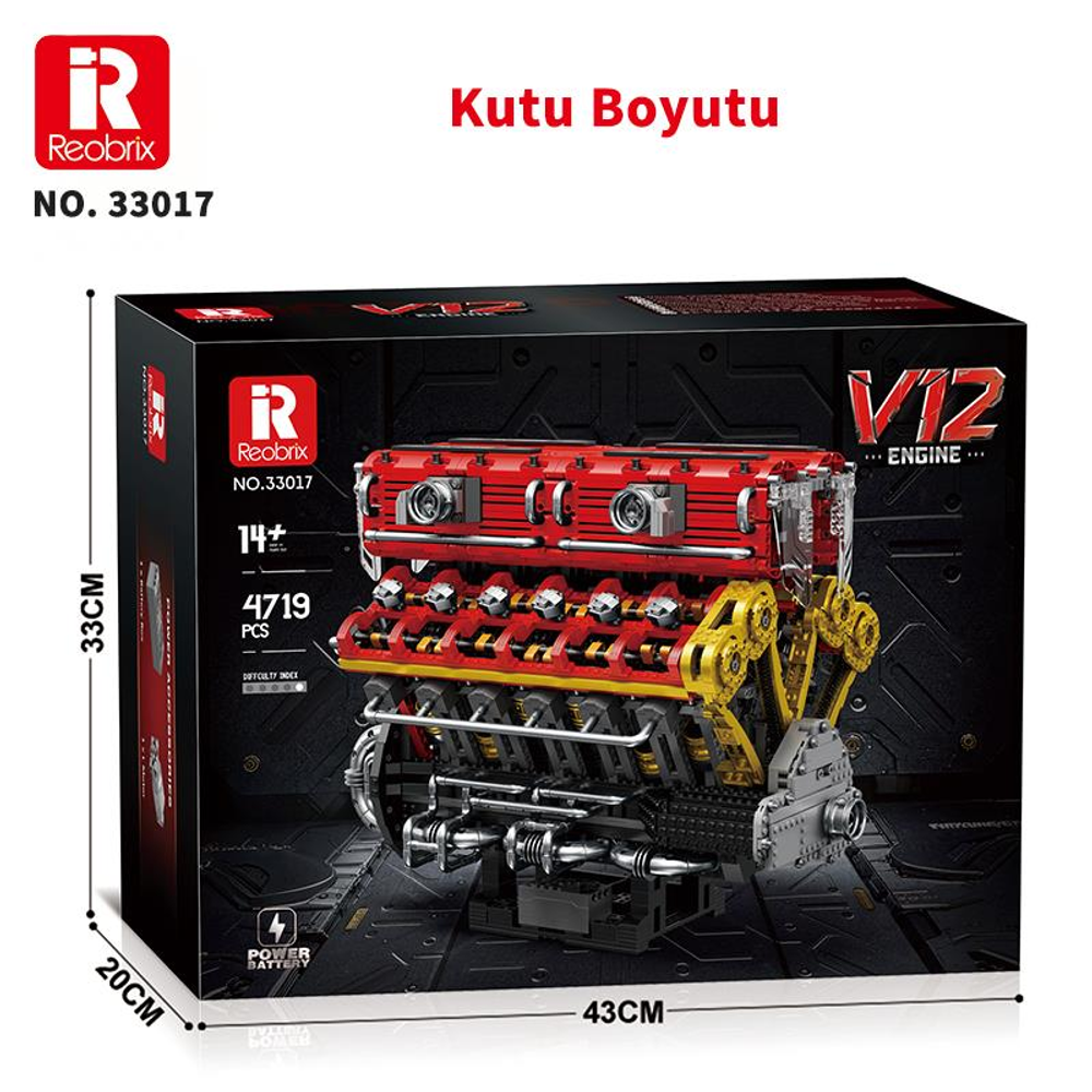 Reobrix V12 motor maketinin kırmızı ve sarı renkli, boyutları gösteren kutusu.