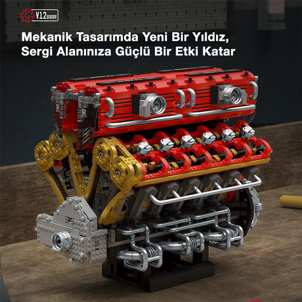Altın ve gümüş vurgularla Lego tuğlalarından yapılmış detaylı kırmızı V12 motor modeli.