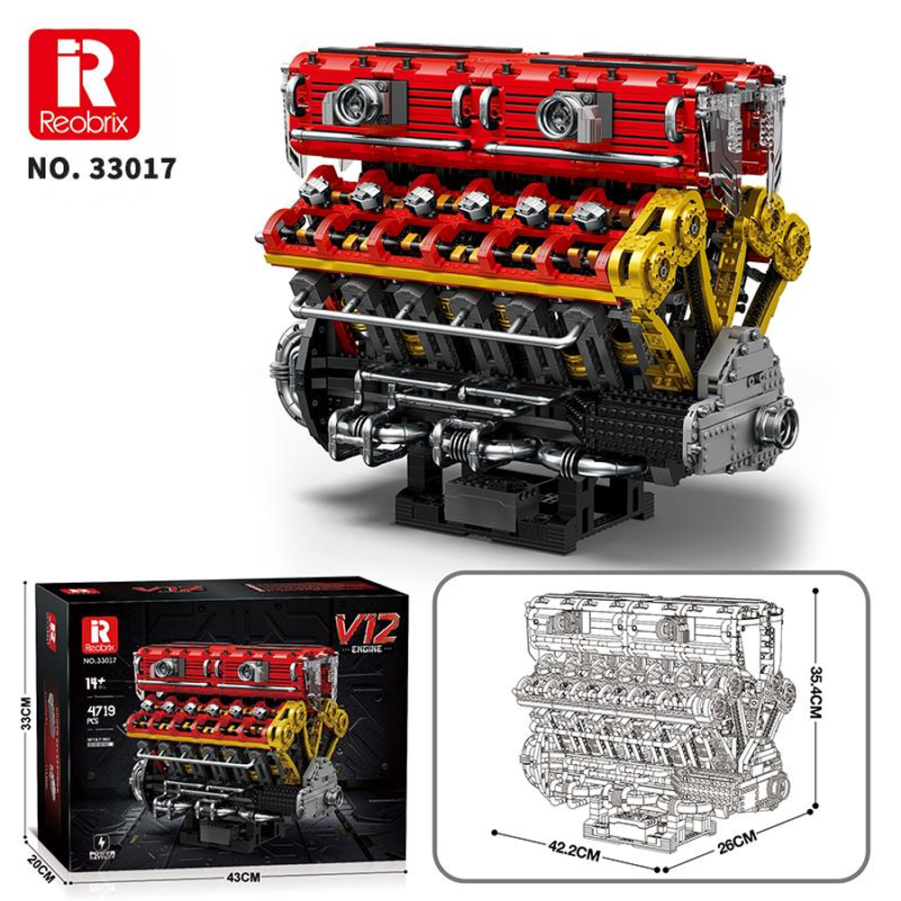 Kırmızı, sarı ve siyah renklerde ayrıntılı bir V12 motor modeli.