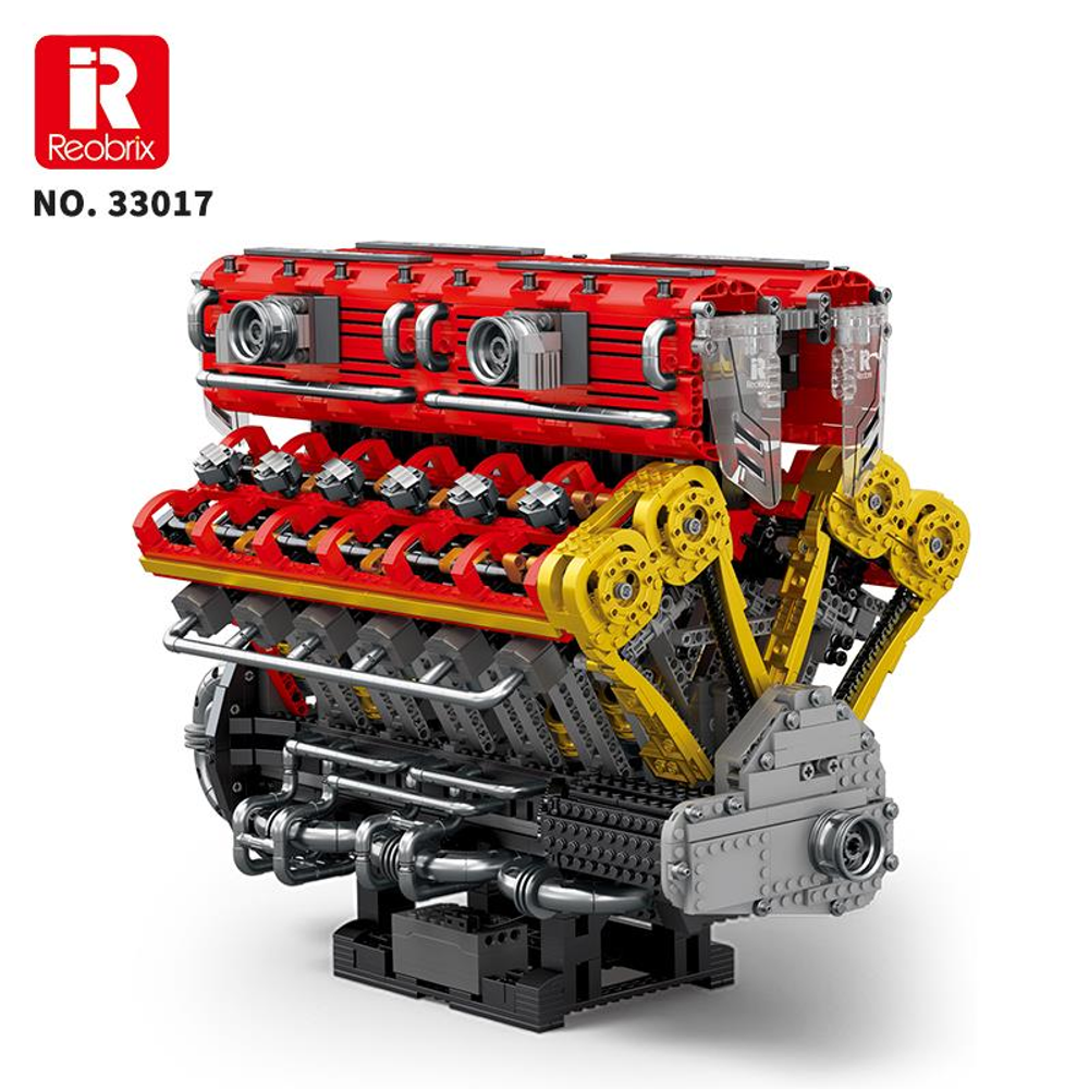 Kırmızı ve sarı yapı taşlarından yapılmış ayrıntılı bir V8 motor modeli.