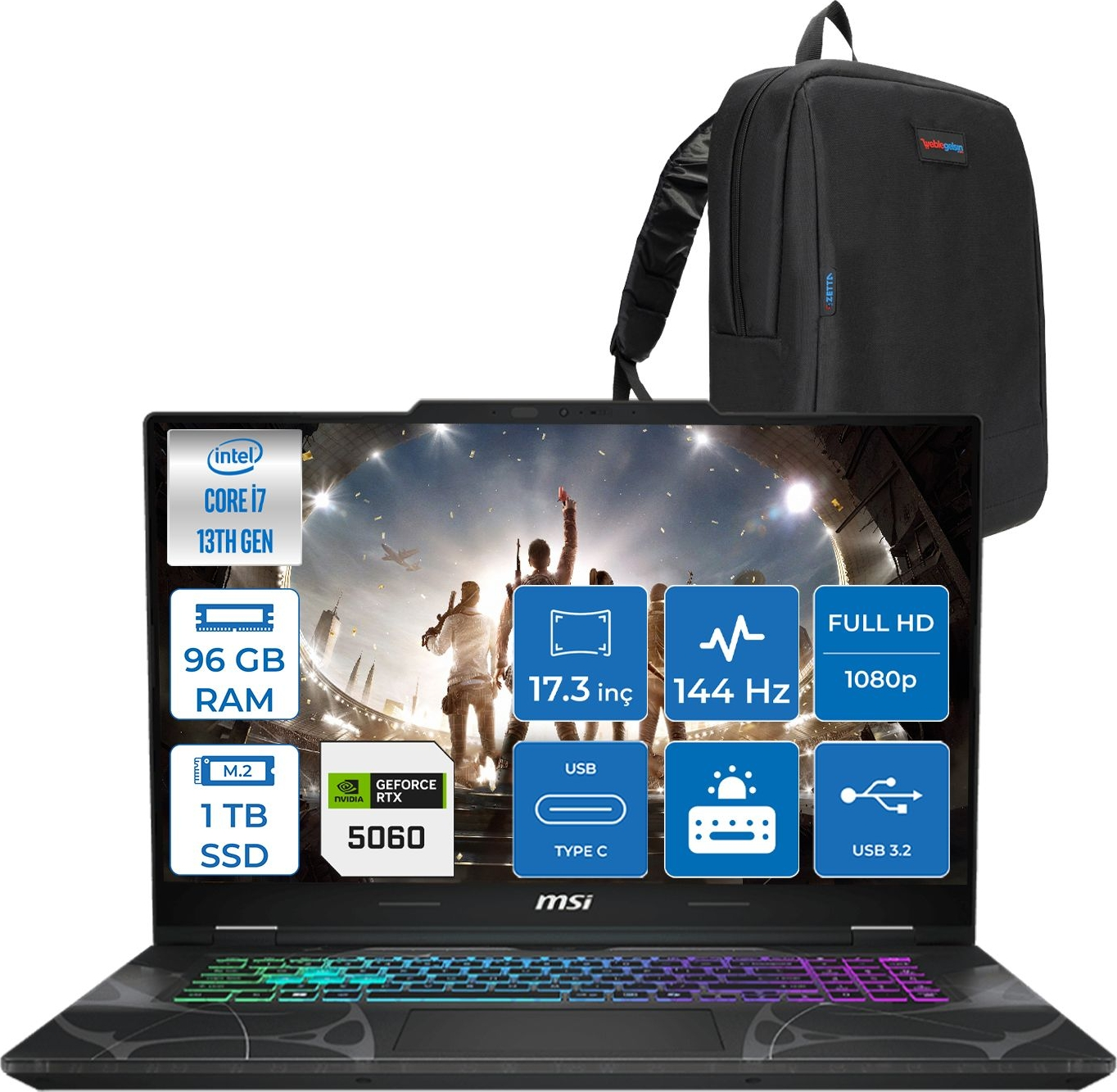 Intel Core i7, 96GB RAM, 1TB SSD, RTX 5060 özellikli MSI dizüstü bilgisayar ve sırt çantası.