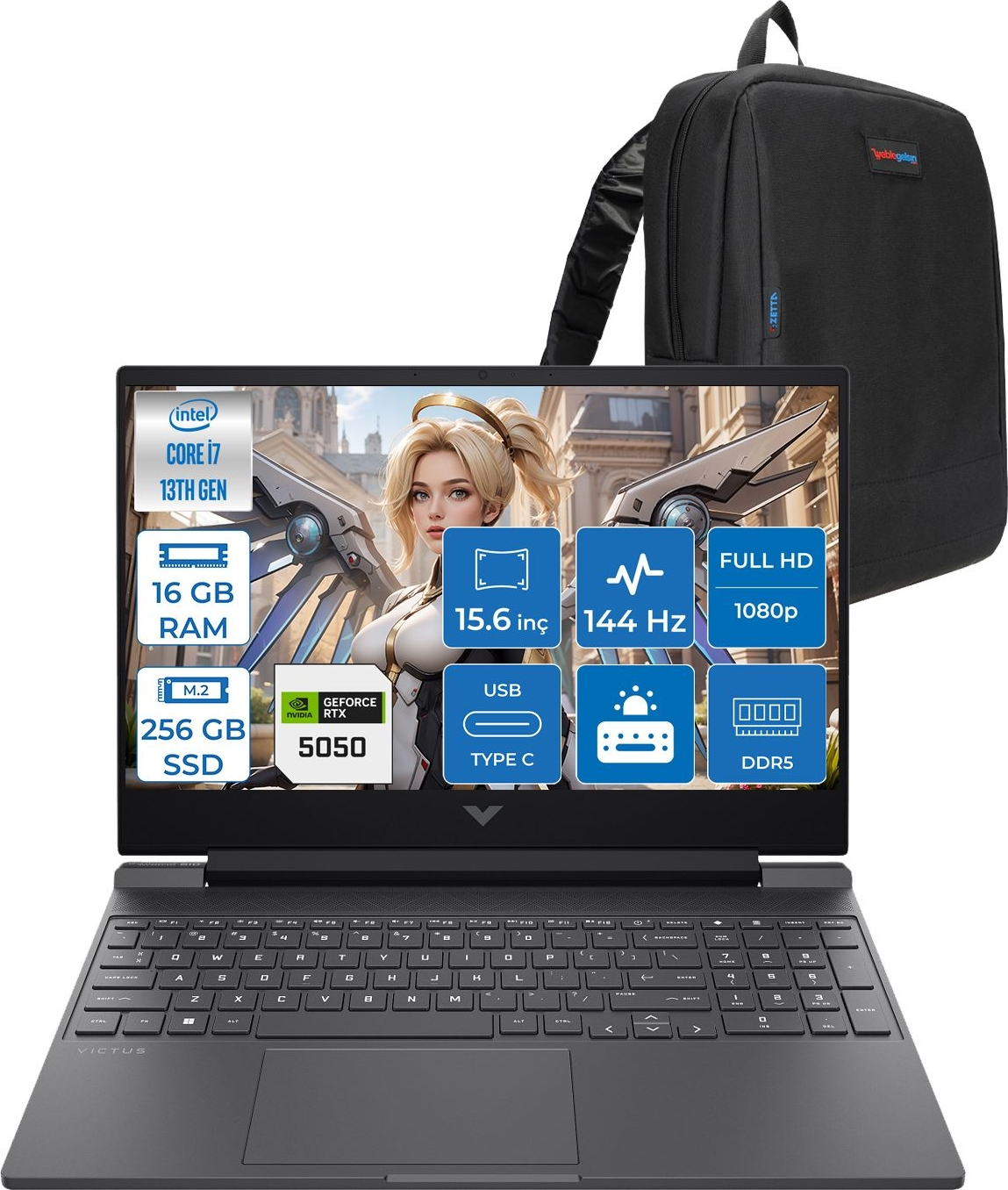 HP Victus 15-WFA2036NT 8 GB RTX5050 144 Hz C52QWEAF01 Intel Core i7-13620H 16 GB RAM 256 GB SSD 15,6 inç FreeDOS Laptop+Çanta Gümüş