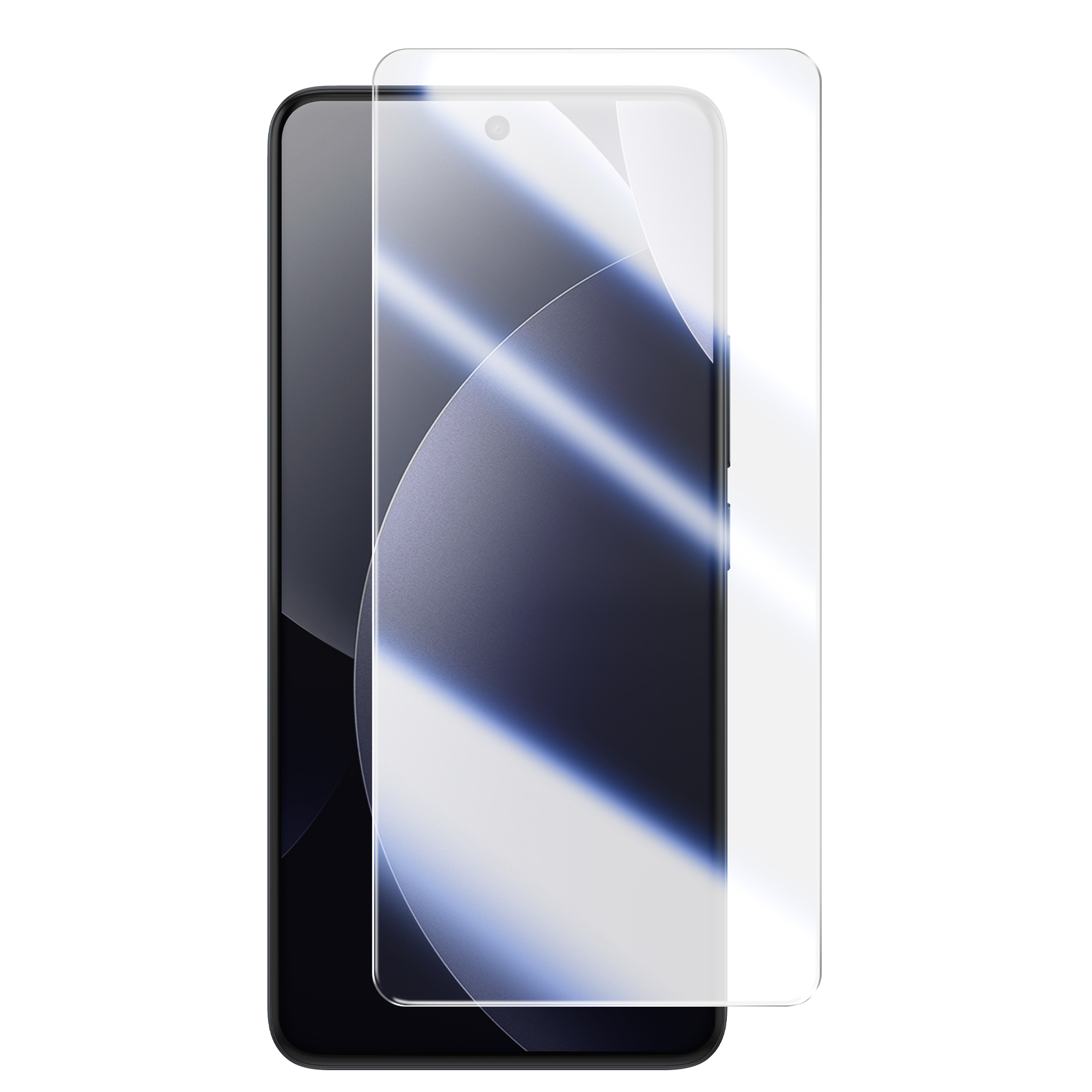 Uno smartphone nero con proteggi schermo trasparente. Sfondo bianco.