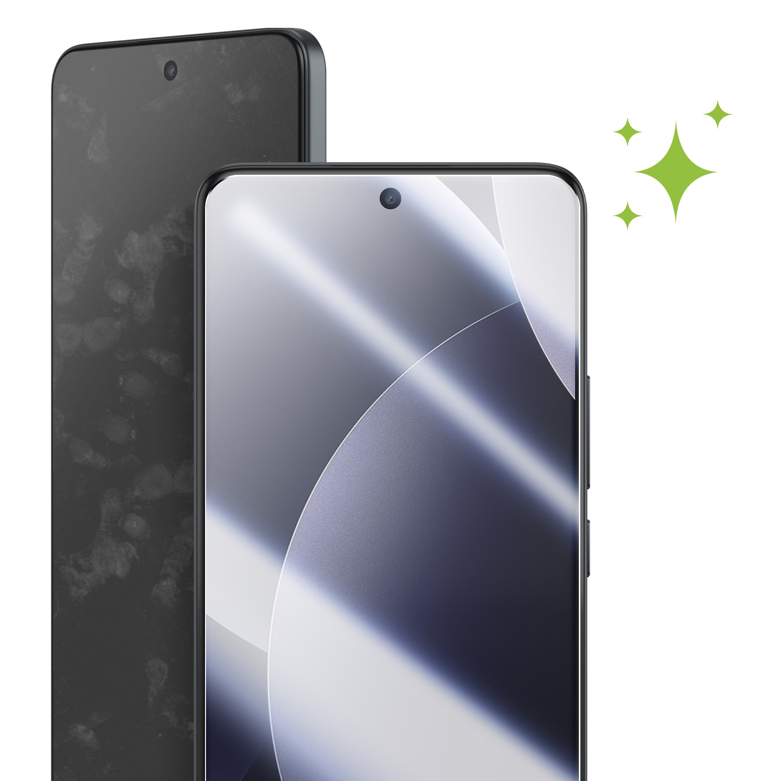 Due smartphone uno accanto all'altro, uno sporco, l'altro pulito con effetto brillante.
