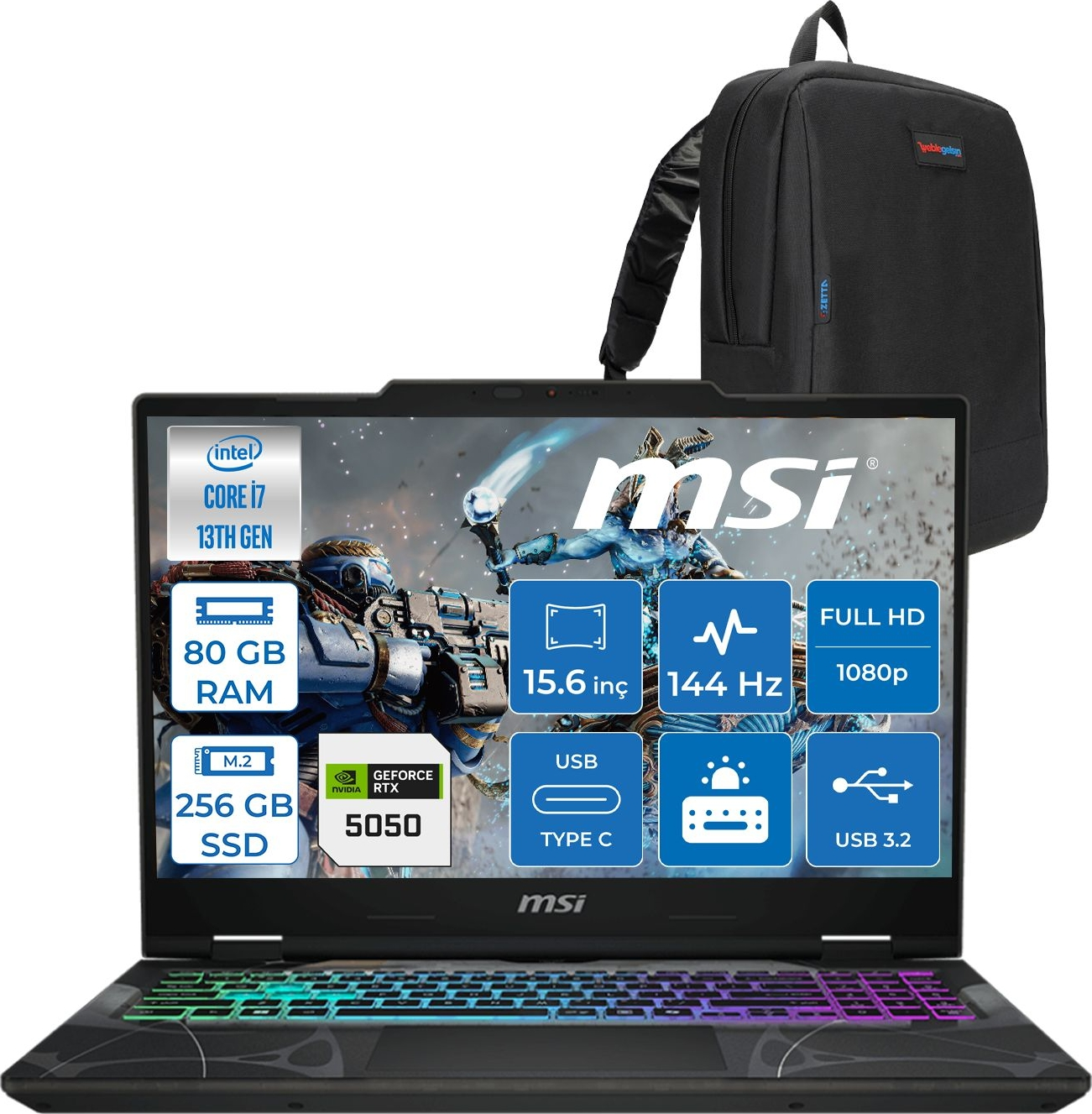 MSI Cyborg 15 RTX5050 8 GB 144 Hz IPS B13WEKG613XTRF31 Intel Core i7-13620H 80 GB RAM 256 GB SSD 15,6 inç FreeDOS Laptop+Çanta Siyah