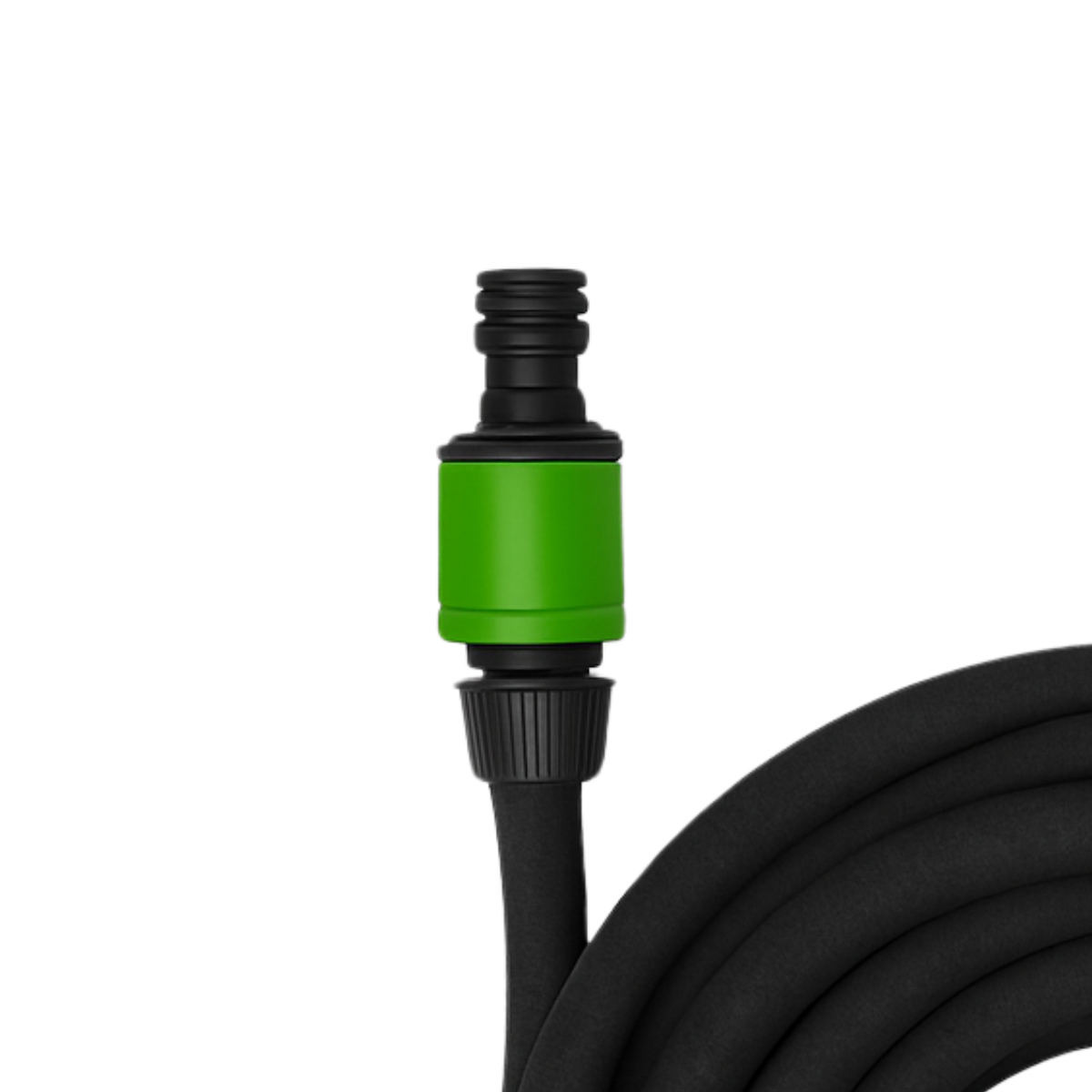 Een zwarte tuinslang met een groen-zwarte koppeling.